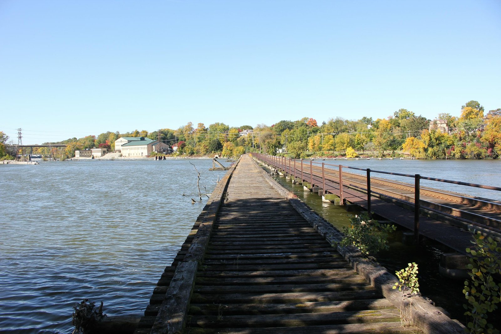 Looking west.  Milwaukee Road bridge on left, C&NW bridge on right